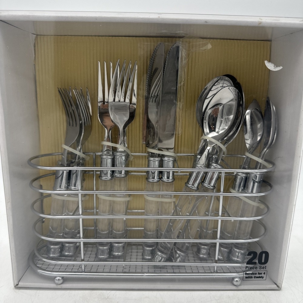 The Cellar Flatware Set Silverware Clear Plastic Handle 2002 NOS W caddy  20 Pc